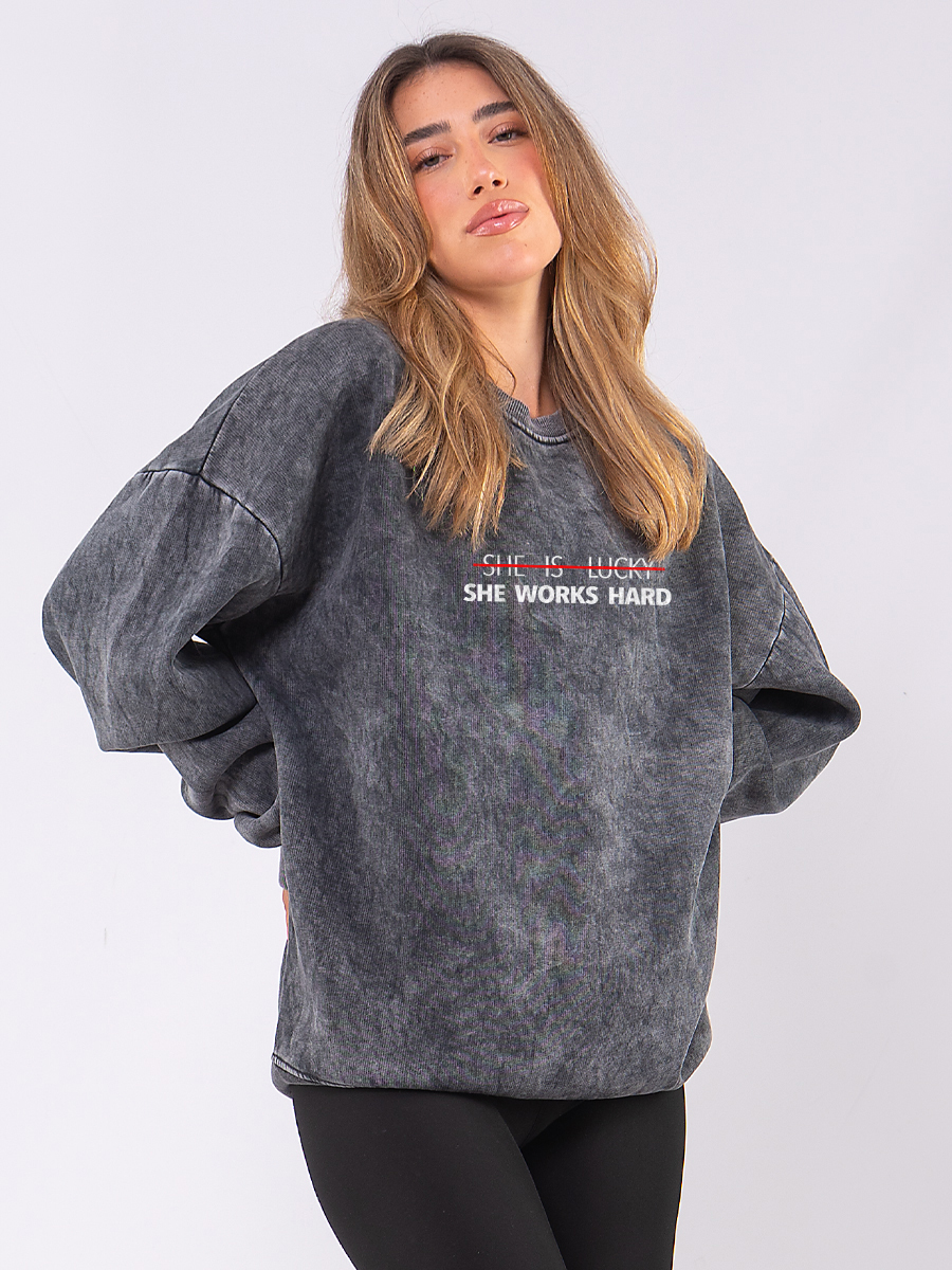 C1078 | She Works Hard - Crewneck Ανθρακί C1078